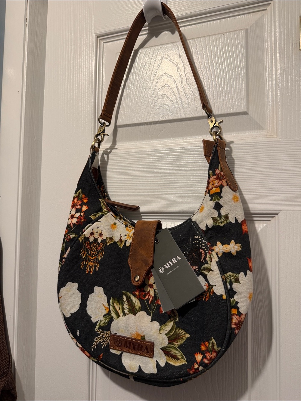 NWT Myra Bag Black Floral Crescent Shoulder Bag with Brown Accents